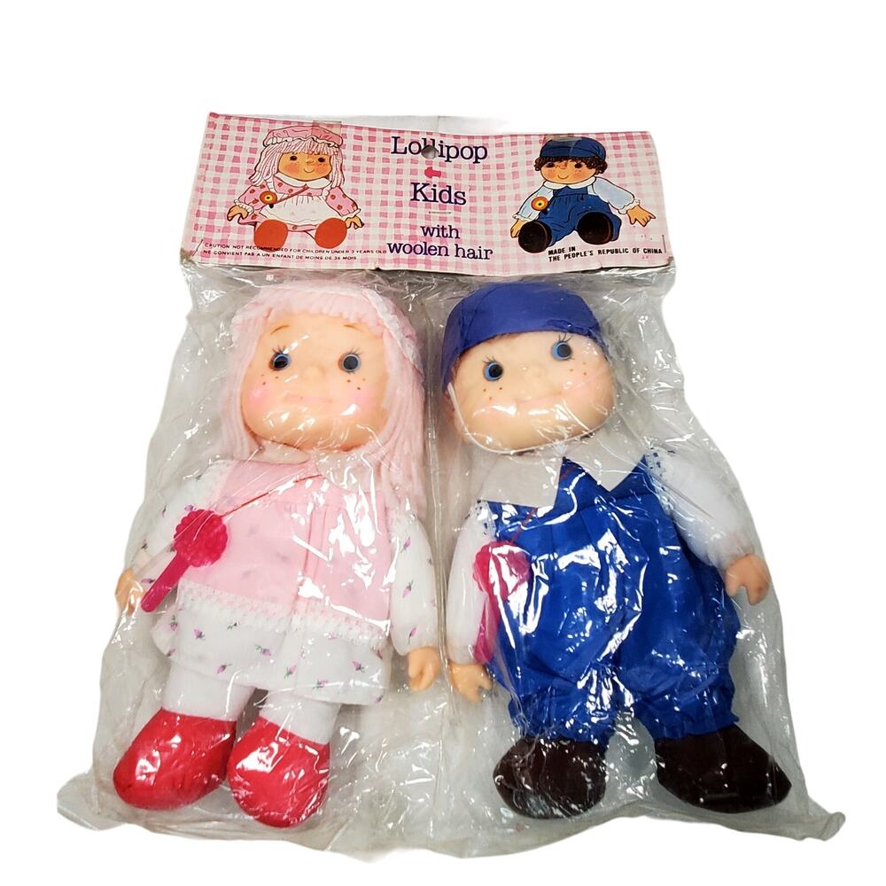 Vintage 1984 Lollipop Kids Woolen Yarn Hair Girl & Boy Dolls 7” New Old Stock